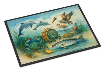 Along the coast - Crab Pelican Dolphins Doormat Front Door Mat Indoor Outdoor Rugs for Entryway, Non Slip Washable Low Pile, 18H X 27W
